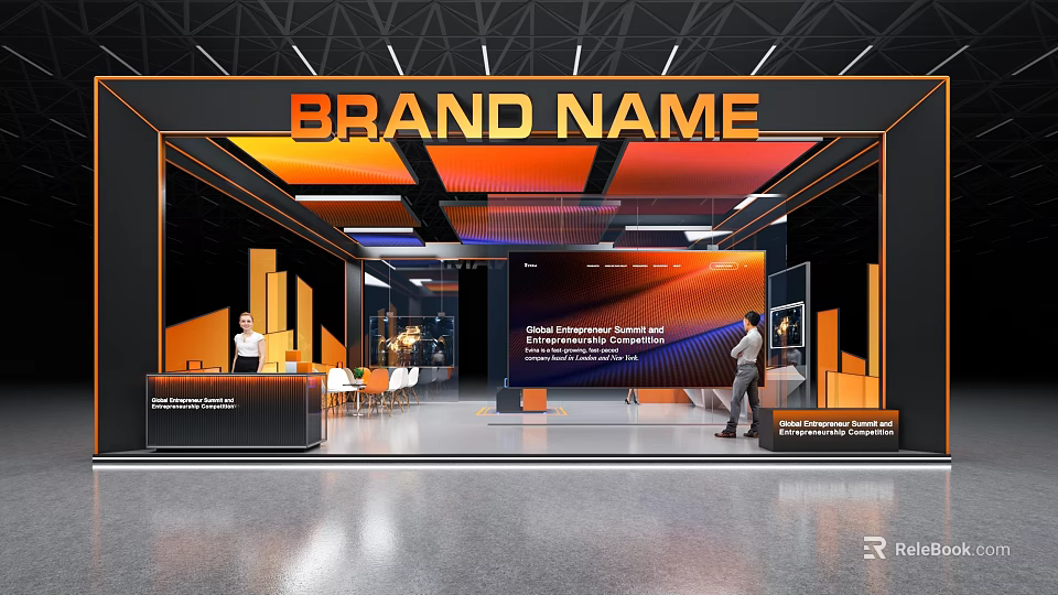 Brand Name Exhibition Booth Modern Design With Colorful Overhead Lighting Reception Desk And Display Screens 3d model 