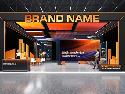Brand Name Exhibition Booth Modern Design With Colorful Overhead Lighting Reception Desk And Display Screens 3d model
