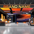 Brand Name Exhibition Booth Modern Design With Colorful Overhead Lighting Reception Desk And Display Screens