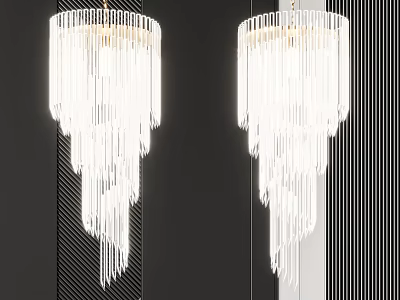 Two Modern Crystal Chandeliers With Fringe Design In Dark Interior Space 3d model