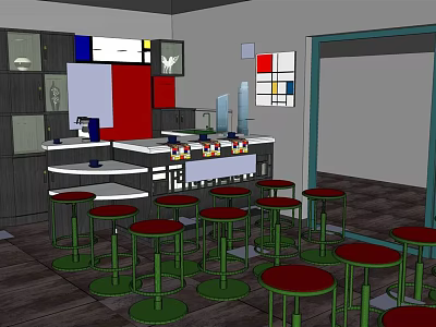 Modern Coffee Shop Interior Design With Counter Red Stools And Decorative Paintings 3d model