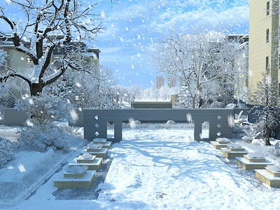 Snow Covered Scenic Path With Trees Buildings And Bench Seats In Winter 3d model