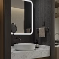 Modern Hotel Room Interior With Hanging Robes Backlit Mirror And Marble Countertop