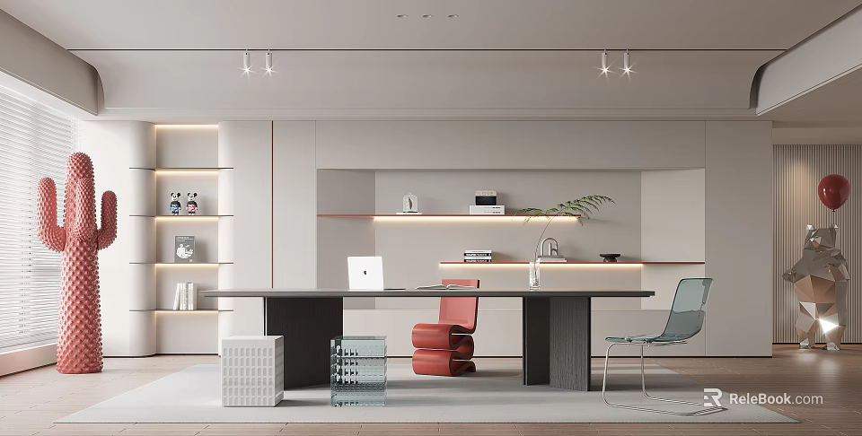 Modern Study Room Interior With Open Layout Desk Bookshelves And Comfortable Chairs 3d model