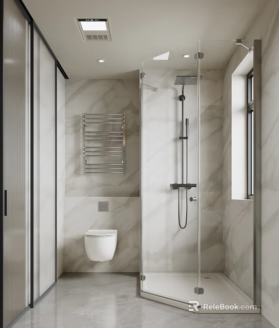 Modern Bathroom Interior With Marble Walls Wall-Mounted Toilet Metal Towel Rack And Walk-In Shower Fixtures 3d model 