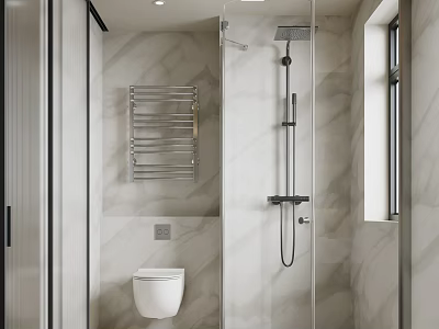Modern Bathroom Interior With Marble Walls Wall-Mounted Toilet Metal Towel Rack And Walk-In Shower Fixtures 3d model