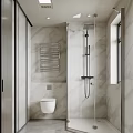 Modern Bathroom Interior With Marble Walls Wall-Mounted Toilet Metal Towel Rack And Walk-In Shower Fixtures