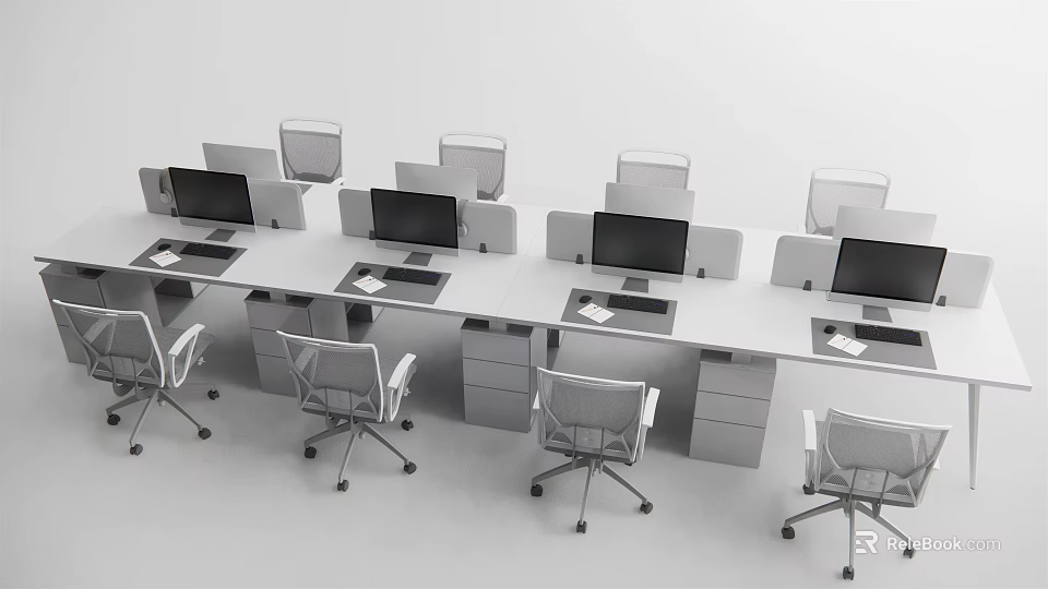 Multiple Modern Office Desks With Ergonomic Chairs Computer Monitors And Partition Screens 3d model