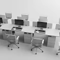 Multiple Modern Office Desks With Ergonomic Chairs Computer Monitors And Partition Screens 3d model