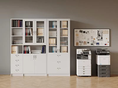 White File Cabinet in Office with Compartments Holding Folders and Books Printers and Bulletin Board 3d model