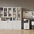 White File Cabinet in Office with Compartments Holding Folders and Books Printers and Bulletin Board
