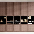 Dark Wood Decorative Cabinet with Closed Doors and Open Shelves Displaying Books Bowls and Decor