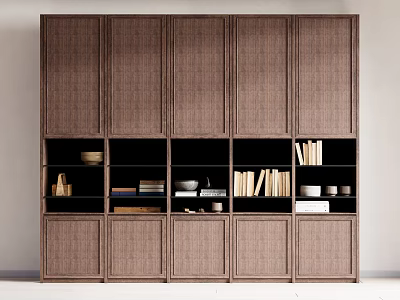 Dark Wood Decorative Cabinet with Closed Doors and Open Shelves Displaying Books Bowls and Decor 3d model