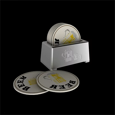 Stylish Beer Glass Coasters Set With Silver Holder And BEER Lettering Design 3d model