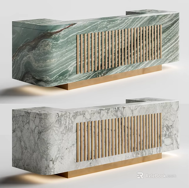Modern Reception Desk With Marble Top Wooden Slats Detail And Gold Metal Base 3d model 