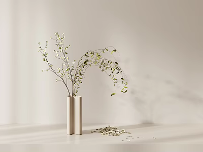 Indoor Potted Plant Decoration With Light Colored Vase Green Leaf Branches And Scattered Leaves 3d model