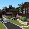 Rustic Wooden Houses With Balconies And Greenery Under Clear Blue Sky
