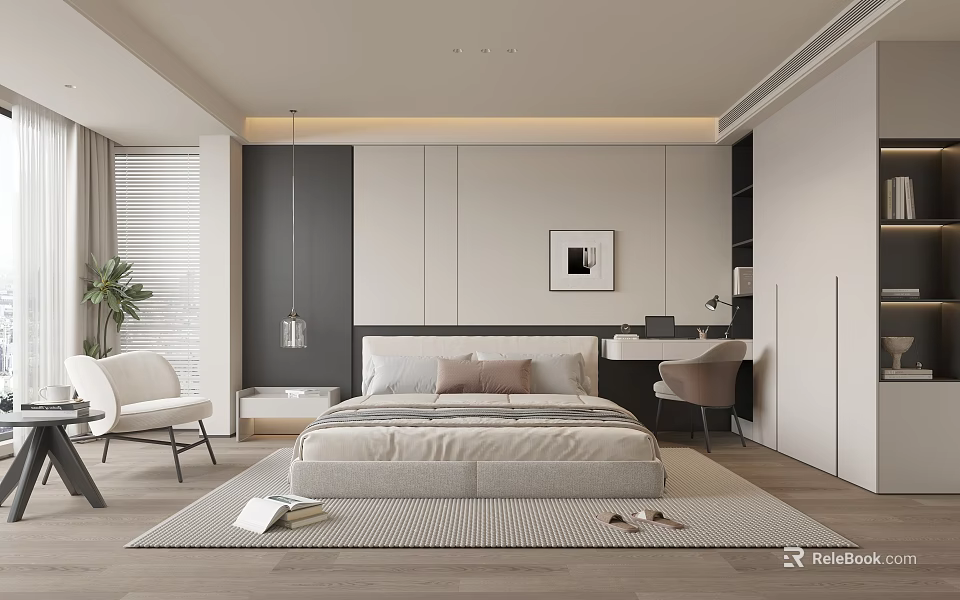 Modern Minimalist Bedroom Interior Design With Beige Bed White Chair Gray Rug And Decorative Painting 3d model 