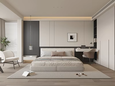 Modern Minimalist Bedroom Interior Design With Beige Bed White Chair Gray Rug And Decorative Painting 3d model