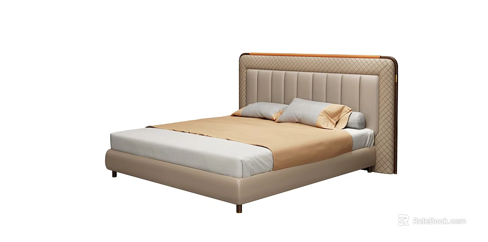 Modern Double Bed with Tufted Beige Upholstered Headboard White Mattress and Light Brown Bedspread 3d model 