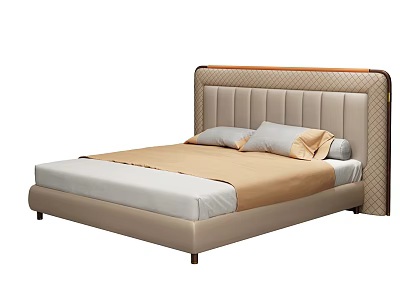 Modern Double Bed with Tufted Beige Upholstered Headboard White Mattress and Light Brown Bedspread 3d model