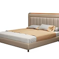 Modern Double Bed with Tufted Beige Upholstered Headboard White Mattress and Light Brown Bedspread