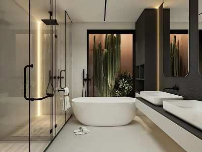 Modern Bathroom Interior With Glass Shower Freestanding Bathtub Double Sinks And Cactus Plant 3d model