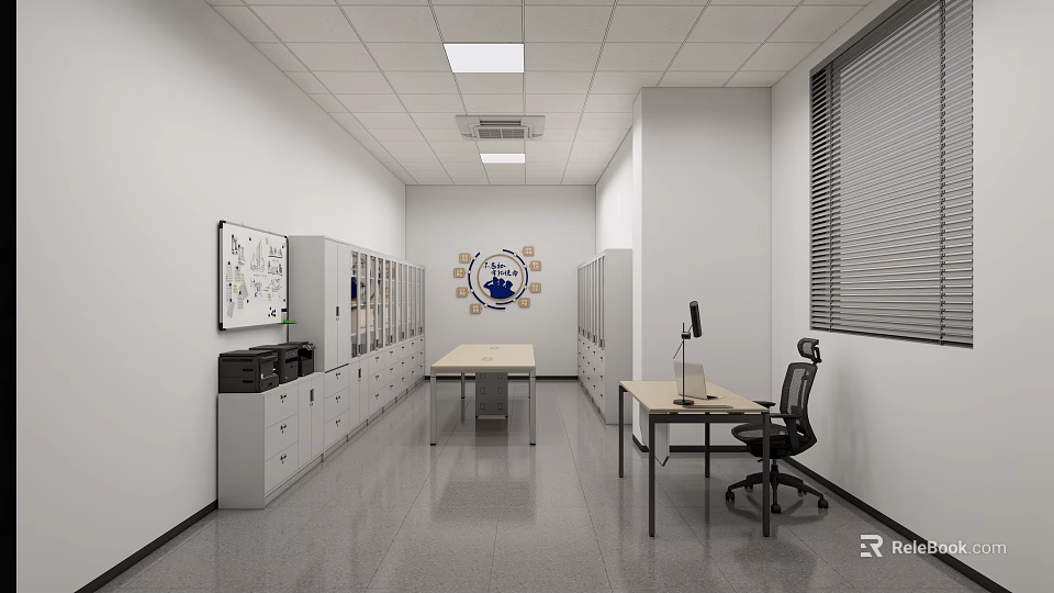 Office Interior With Lockers Whiteboard Desk Chair Emblem Blinds And Gray Floor 3d model 