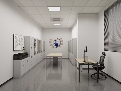 Office Interior With Lockers Whiteboard Desk Chair Emblem Blinds And Gray Floor 3d model