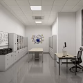 Office Interior With Lockers Whiteboard Desk Chair Emblem Blinds And Gray Floor