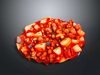 Spicy Red Sauce Dish With Tofu Cubes Meat Chunks And Fresh Vegetable Dices 3d model