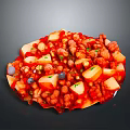 Spicy Red Sauce Dish With Tofu Cubes Meat Chunks And Fresh Vegetable Dices