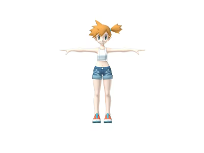 Cartoon Woman With Orange Hair Pigtails White Tank Top Denim Shorts And Sneakers Arms Outstretched 3d model