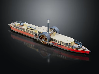Realistic Steamship Model With Paddle Wheel Chimney And Red Cream Hull Design 3d model