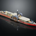 Realistic Steamship Model With Paddle Wheel Chimney And Red Cream Hull Design