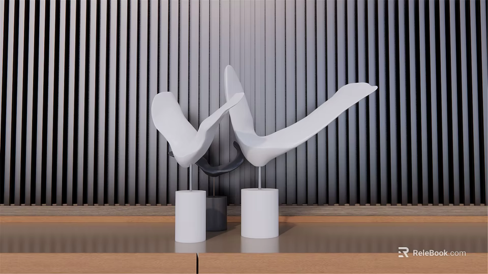 Modern White Abstract Bird Ornament Decor Set On Wooden Tabletop With Dark Vertical Stripe Wall 3d model 