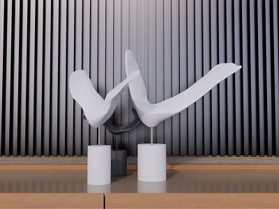 Modern White Abstract Bird Ornament Decor Set On Wooden Tabletop With Dark Vertical Stripe Wall 3d model