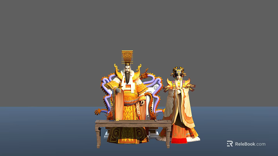 Emperor Seated On Dragon Decorated Throne With Deity In Royal Golden Robes Standing Beside 3d model 