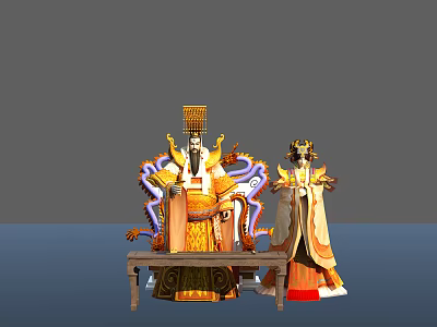 Emperor Seated On Dragon Decorated Throne With Deity In Royal Golden Robes Standing Beside 3d model