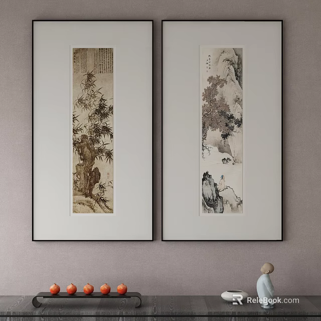 Abstract Paintings with Bamboo Mountain Rocks and Figures in White Frames Black Borders on Wall 3d model 