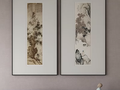 Abstract Paintings with Bamboo Mountain Rocks and Figures in White Frames Black Borders on Wall 3d model
