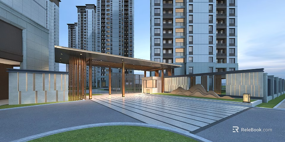 Modern High Rise Residential Entrance Gate With Wooden Canopy Spacious Striped Pavement And Lawn 3d model 