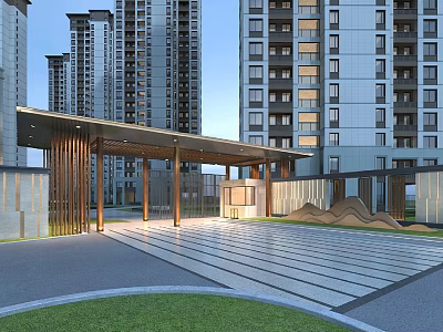 Modern High Rise Residential Entrance Gate With Wooden Canopy Spacious Striped Pavement And Lawn 3d model