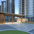 Modern High Rise Residential Entrance Gate With Wooden Canopy Spacious Striped Pavement And Lawn