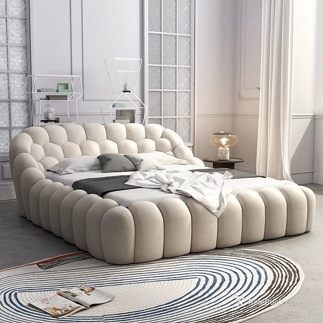 Beige Velvet Double Bed With Rounded Tufted Design In Modern Bedroom Interior And Bedside Lamp Decorative Rug 3d model 