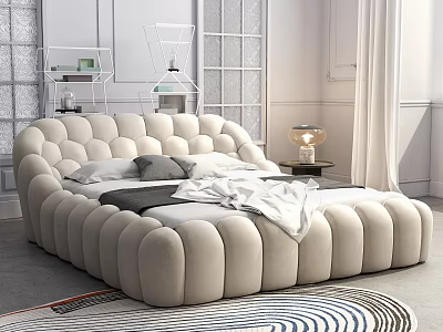 Beige Velvet Double Bed With Rounded Tufted Design In Modern Bedroom Interior And Bedside Lamp Decorative Rug 3d model