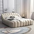 Beige Velvet Double Bed With Rounded Tufted Design In Modern Bedroom Interior And Bedside Lamp Decorative Rug