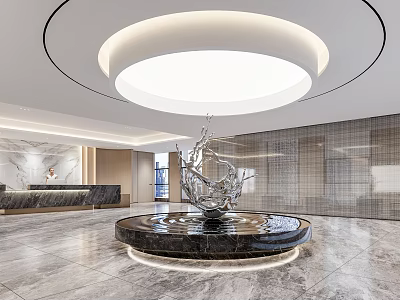 Modern Front Desk Reception Area with Round Ceiling Light Marble Floor and Fountain Sculpture 3d model