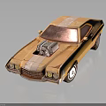 Yellow Old Classic Car With Open Hood Exposed Engine And White Stripes