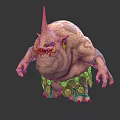 Monster Character Creature With Pink Bulky Body Single Horn Sharp Teeth Metal Accessories